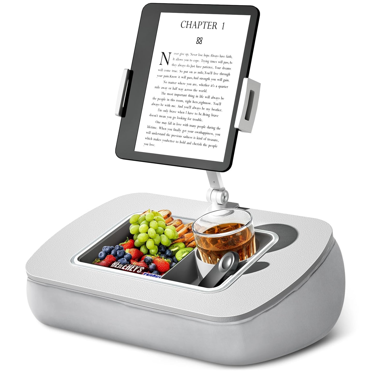 ERGONOV Tablet Stand Pillow with Snack Bowl, iPad Lap Holder for Hands-Free Reading and Relaxation on Bed,Couch,Recliner, 360° Rotating Clip for 4.7-13" Kindle,eBook,Tablet,iPhone (Light Gray)