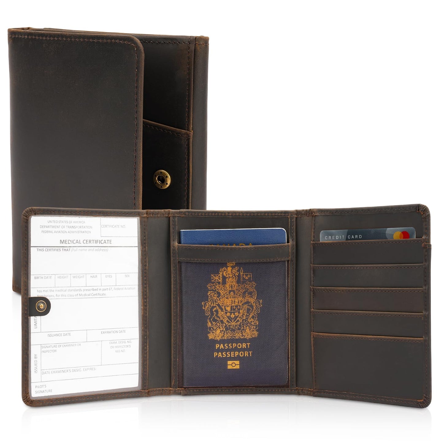 Polare Full Grain Leather Pilot Wallet Passport Holder RFID Blocking Trifold Wallet for Men Travel Cover Document Organizer for Aviation Professionals
