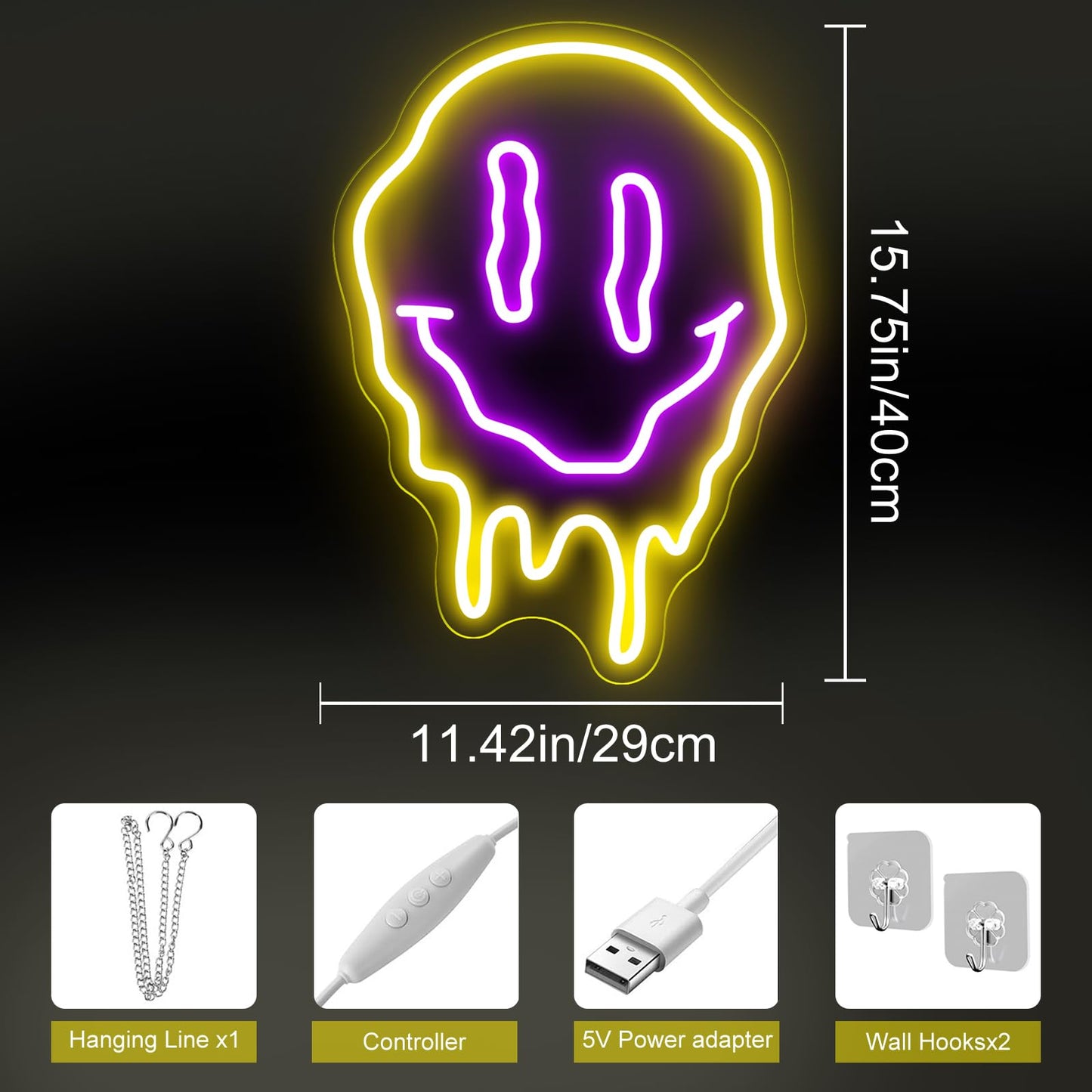 Melting Smiley Face Neon Sign Dripping Smile Wall Decor Bedroom Living Room Neon Entertainment Room Game Room Distorted smile face Sign For Kids Room Bar Party Bedroom Decor Lamp-15.7"