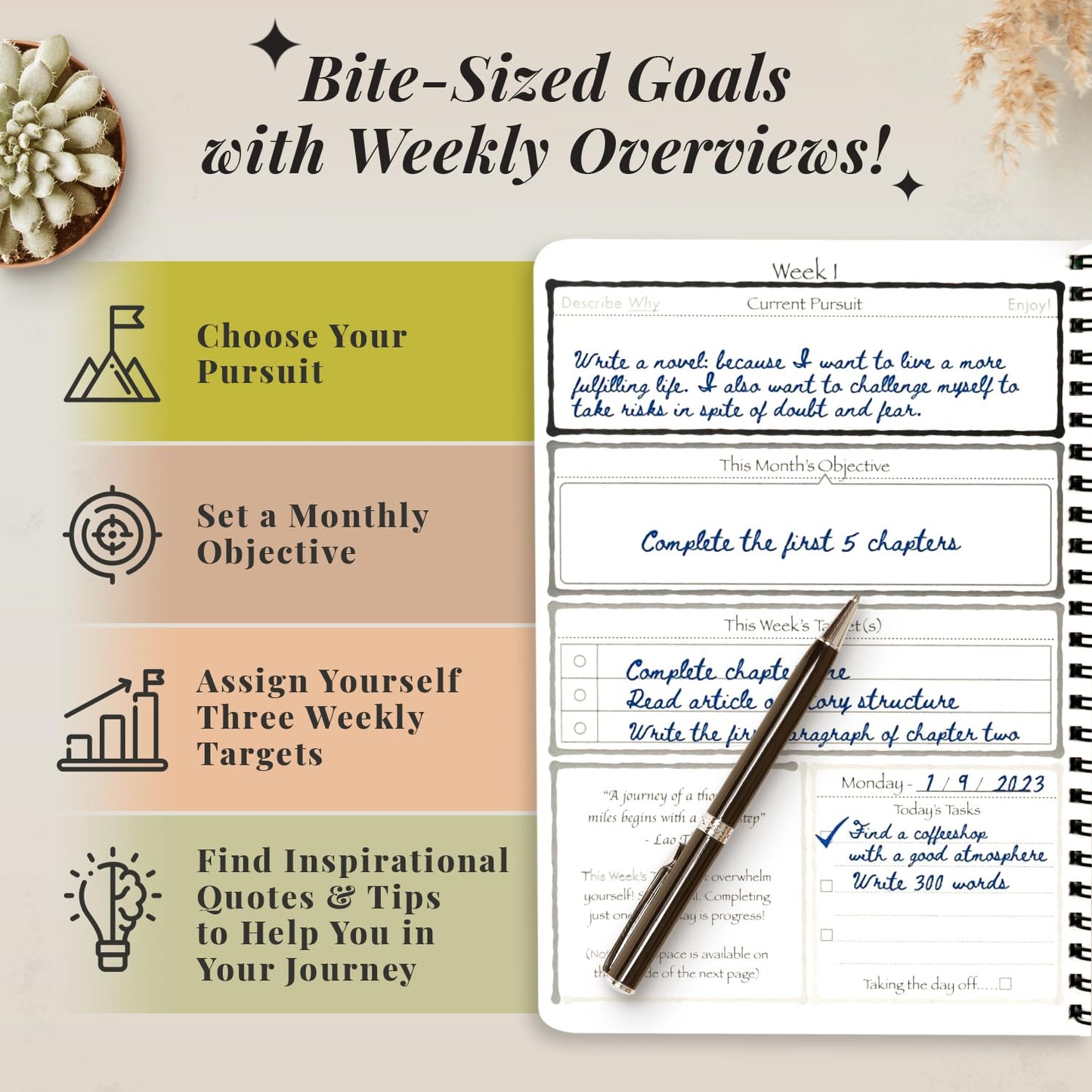 Pursuit Goal Journal - 6 Month Undated Productivity Planner for Goal Setting - Daily Planner, Weekly Planner, Monthly Planner, Notebook, 6x8.5inch (Purple)