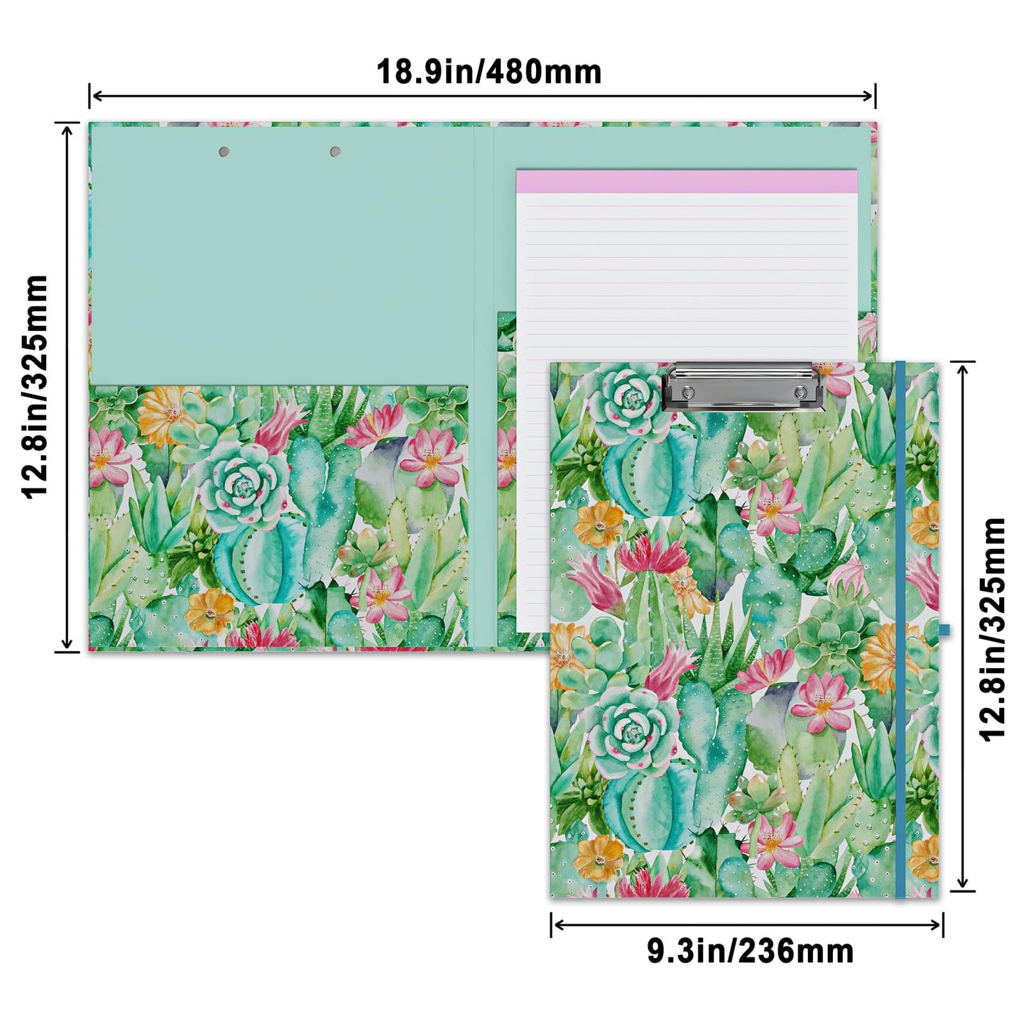 Cute Clipboard Folio with Refillable Lined Notepad and Interior Storage Pocket for Office Stylish A4 Foldable Clipfolio - Cactus Flowers