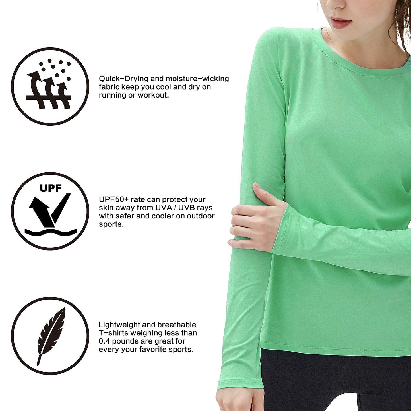 isnowood Women's Sun Protection Long Sleeve Shirts, UPF 50+ UV Rash Guard Swim Shirt, Workout Hiking Running Athletic Tops Light Green