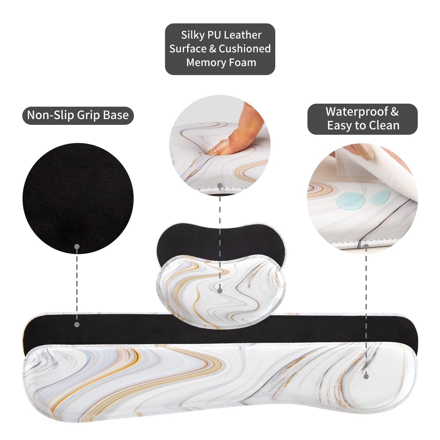 QiyI Leather Desk Mat Set, 4-in-1 Large Mouse Pad with Wrist Rest, Non-Slip Desk Pad + Keyboard Wrist Rest + Mouse Wrist Support + Coaster, Office Desk Accessories Home Decor Supplies, Marble Stripes