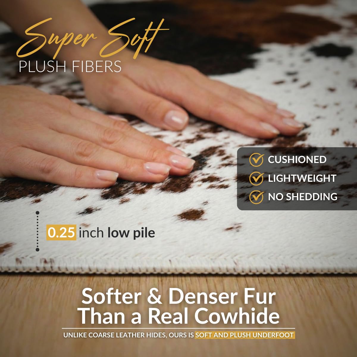 NativeSkins Faux Cowhide Rug 4'7" x 6'7" – Brown Cow Print Area Rug for Living Room & Bedroom – Non-Shedding, Flat-Lay, Pet-Friendly – Faux Suede Grip Backing – Vegan Western Farmhouse Decor