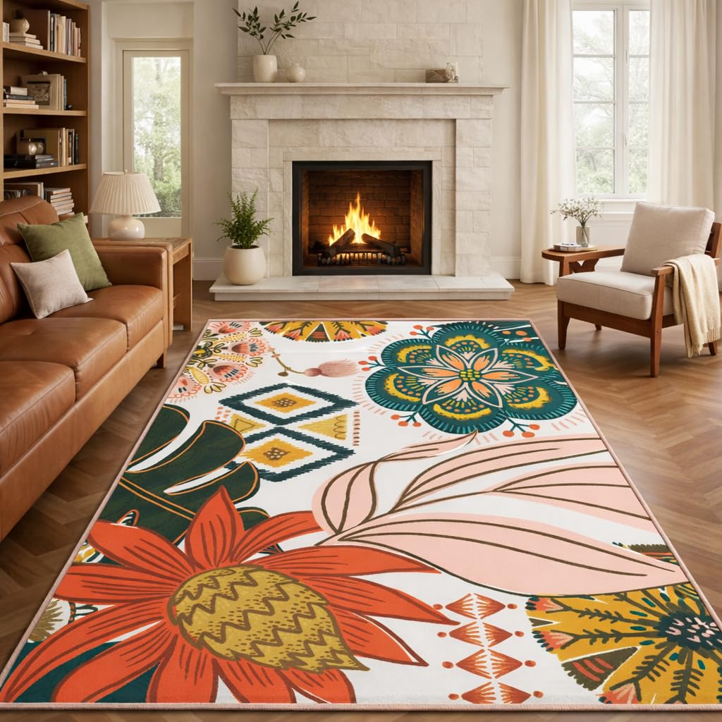 Tyrot Boho Floral Living Room Rug, 5x7 Rug Washable Botanical Area Rugs Flat Woven Ultra-Thin Non Slip Low Pile Carpet for Bedroom, Dining Room, Office, Kids Room, Blush Pink