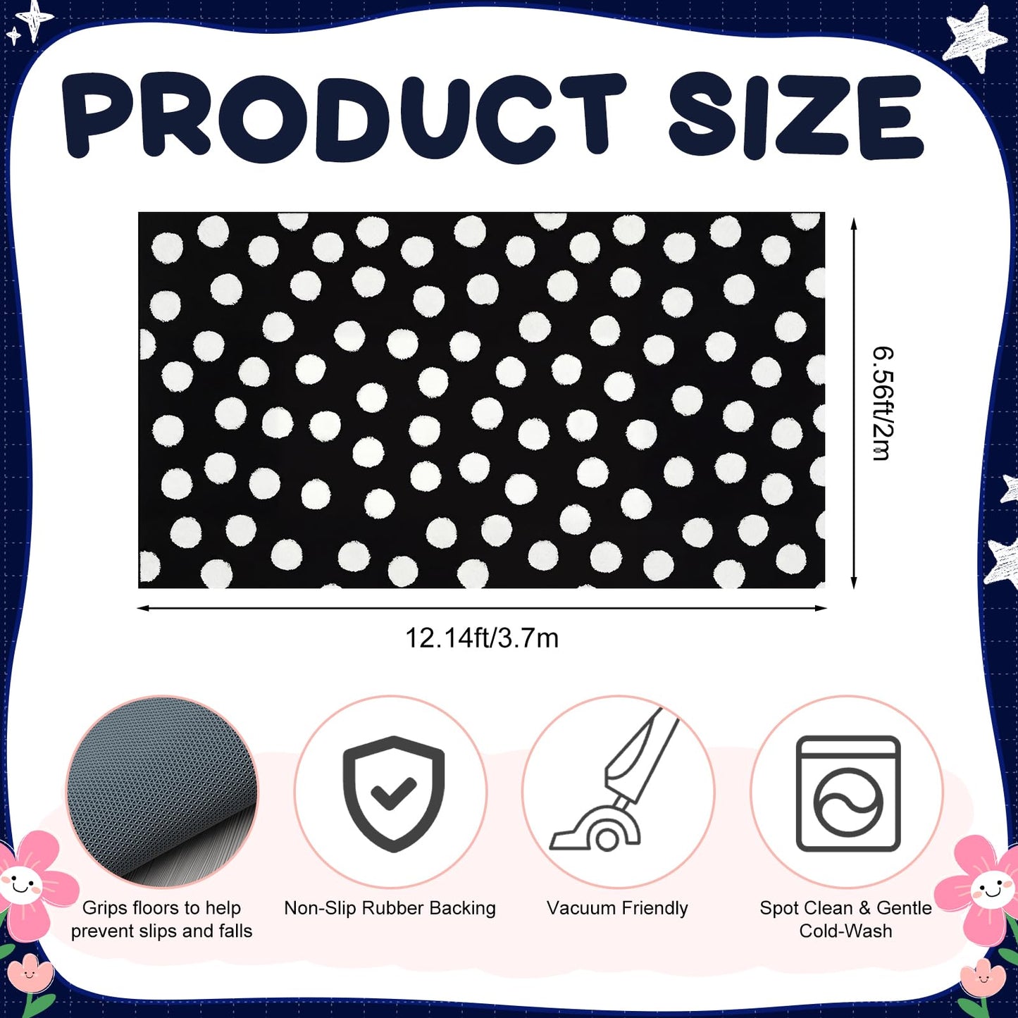 Nuanchu Large Polka Dot Classroom Rug 6.5 x 12.1 ft Black and White Classroom Carpet with Rubber Backing Non-Slip First Day of School Rugs for Playroom Nursery Preschool