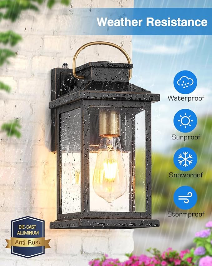 VIANIS Porch Lights Outdoor, Black Gold Accents Dusk to Dawn Exterior Garage Lighting Fixtures Wall Mount for House, Modern Outdoor Wall Sconce Lanterns Lighting for Front Porch Patio, Anti-Rust