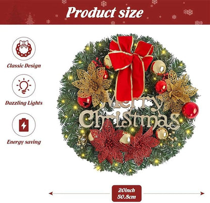 FR Artificial Pre-Lit Fir Christmas Wreath Holiday Accent Decoration, Wintry Pine, Decorated with Pine Cones Berry Clusters, with LED Lights Battery Operated for Door, Mantel - 20 Inch