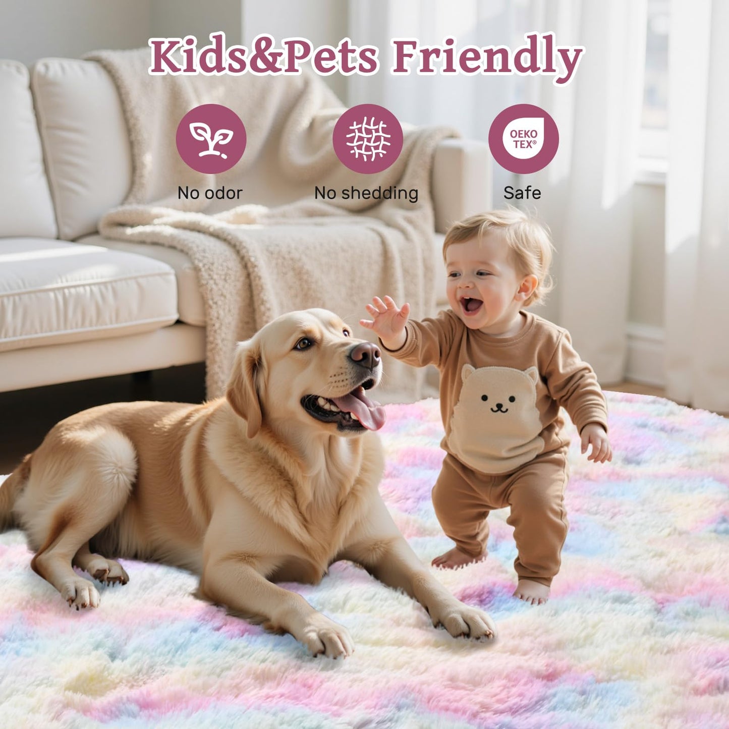 4x6 ft Fluffy Rainbow Area Rug for Bedroom Soft Fuzzy Living Room Rug Non-Slip Shag Rugs Carpet for Nursery Kids Play Room Dorm Office Indoor Modern Plush Carpets