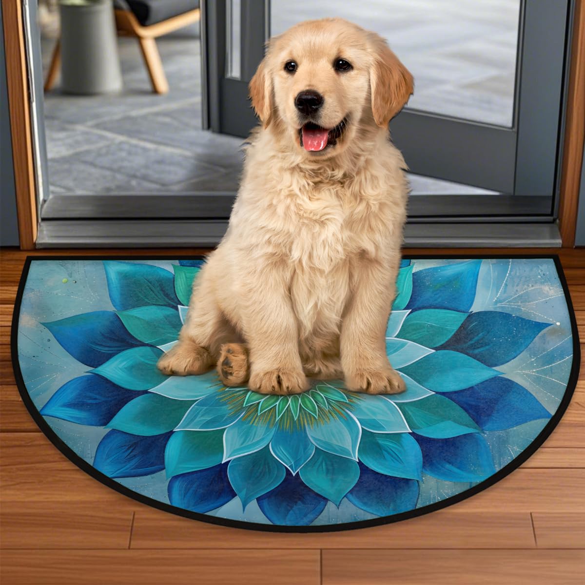 Daiachsy Teal Mandala Half Round Rug Half Moon Door Mat Half Circle Rugs