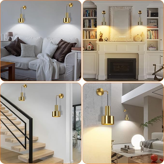 Gold Battery Operated Wall Sconce, Wireless Wall Lights Set of 2, Dimmable Wall lamp with Remote Control, 3000K-6000K Adjustable Modern Luxury LED Light Fixtures for Kitchen Bedroom Living Room Stairs