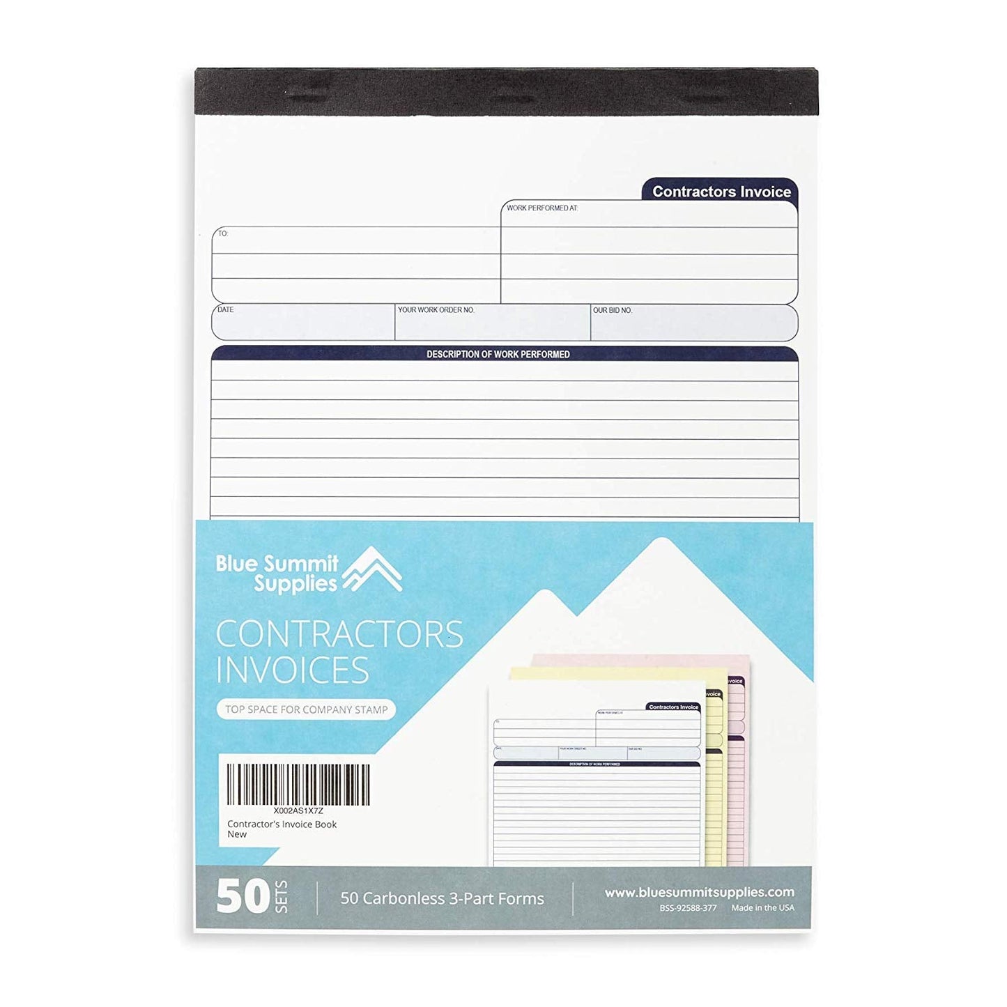 Blue Summit 50 Contractor Invoice Receipt Books, Estimate Book Contractor with Blank Invoice Sheet, 50 Full Page 3 Part Invoices, Carbonless Forms with Carbon Copies, Letter Size