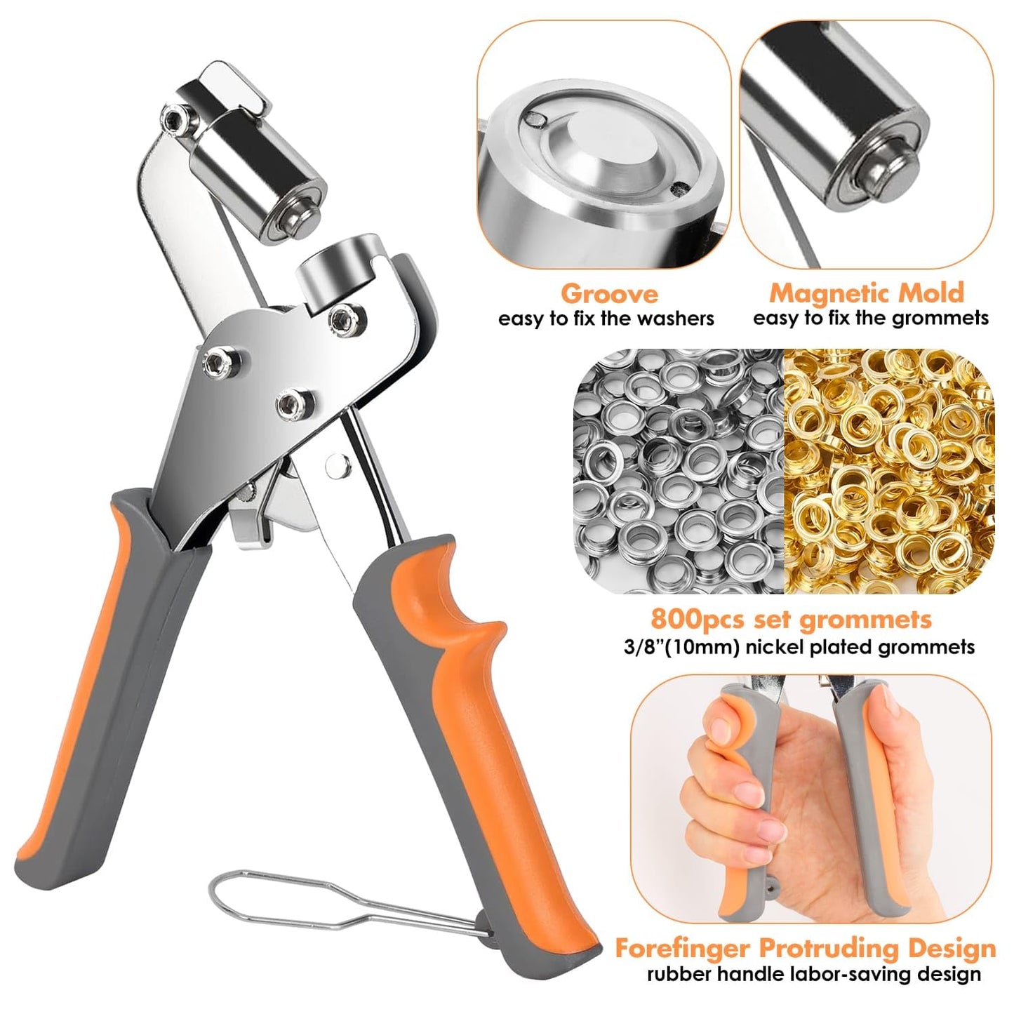 Grommet Tool Kit 3/8 Inch with 800 Pcs Eyelets Grommets and Storage Bag, Handheld Metal Grommet Kit Tarp Grommet Maker Kit Grommet Pliers Punch for Tarps Fabric Leather