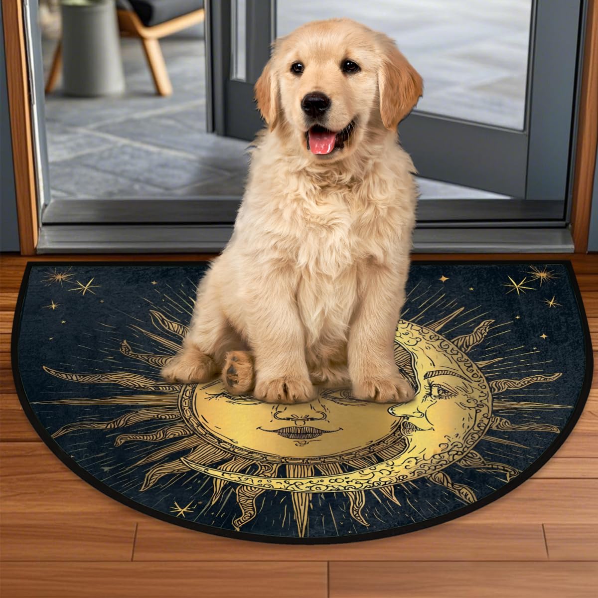 Half Round Rugs Ancient Antique Sun Moon Star Semicircular Indoor Door Mat Entryway Welcome Mat Non-Slip Half Round Low Profile Door Mat for Patio High Traffic Areas