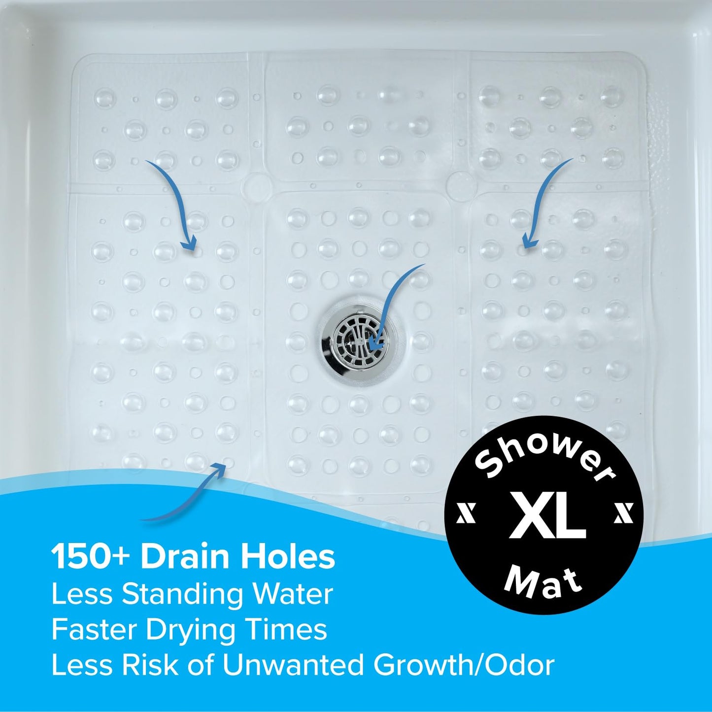SlipX Solutions 27" Oversize Square Shower Mat, Non-Slip Mat for Elderly & Kids, 100+ Power Grip Suction Cups for Smooth Surfaces, Machine Washable, Clear