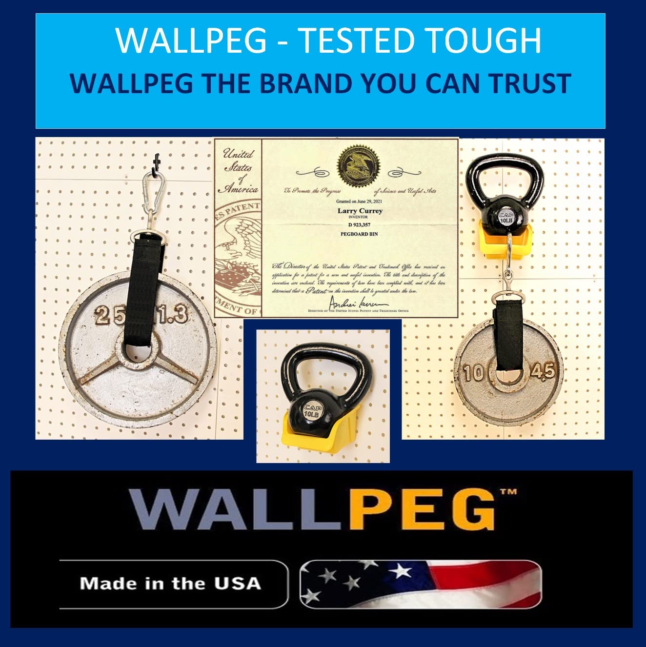 Wallpeg Peg Board Tool Organizer - Pegboard Hooks for Tool storage, garage organization, nerf gun storage - Peg board hooks for hanging power tools, crafts, and garage workbench accessories - Made USA