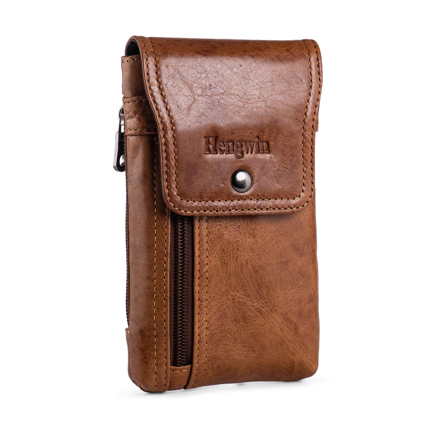 Hengwin Leather Cell Phone Holster Fit for iPhone 17 16 Pro 15 Pro 14 Pro 13 Pro 12 Pro Samsung Galaxy S24 S25 Pouch Case with Belt Clip Loop Card Holder, Waist Purse Mobile Phone Bag for Belt (Brown)