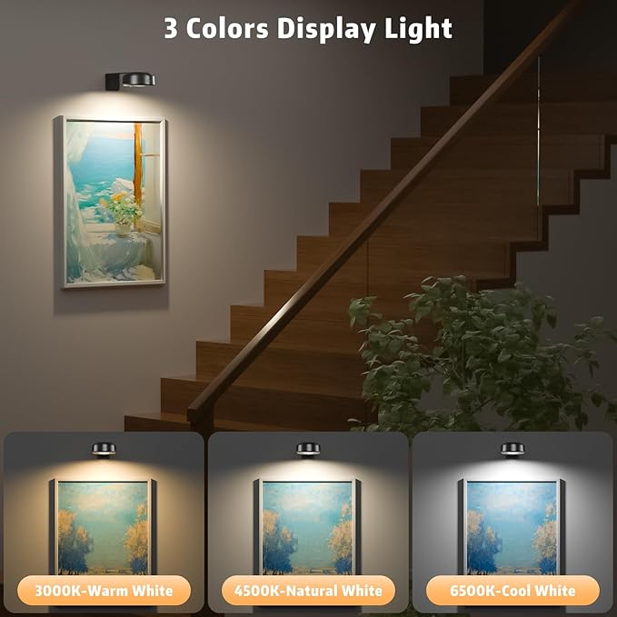 6PCS Picture Lights,3 Colors Paintings Light Rechargeable Battery Wall Light Dimmable and Timer Metal Art Light for Paintings,Display, Wall, Artwork, Gallery(Black)