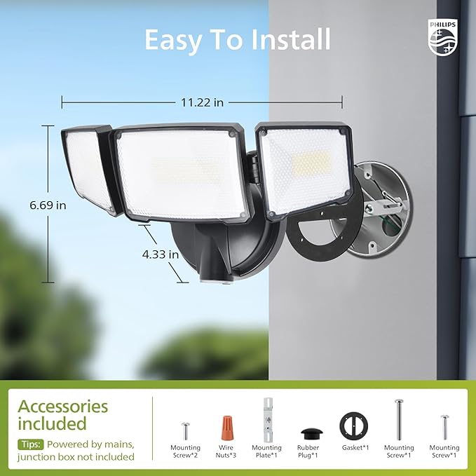 Philips 72W 7400LM Dusk to Dawn Security Lights Outdoor, LED Aluminum Flood Light, 3 Adjustable Heads, 5000K Daylight, Waterproof for Garage, Yard, Patio
