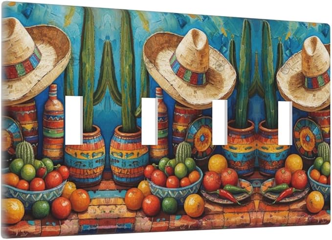 Decorative Art Light Switch Covers Mexican Sombrero & Serape Vibes Quad Toggle 4 Gang Wall Plate Switch plate Electrical Faceplate for Home Decor