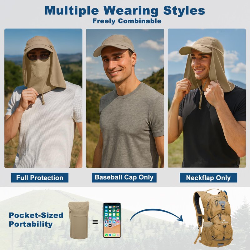 Surblue Quick-Drying Outdoor Cap UV Protection Sun Hats Fishing Hat Neck Face Flap Hat UPF50+ Khaki