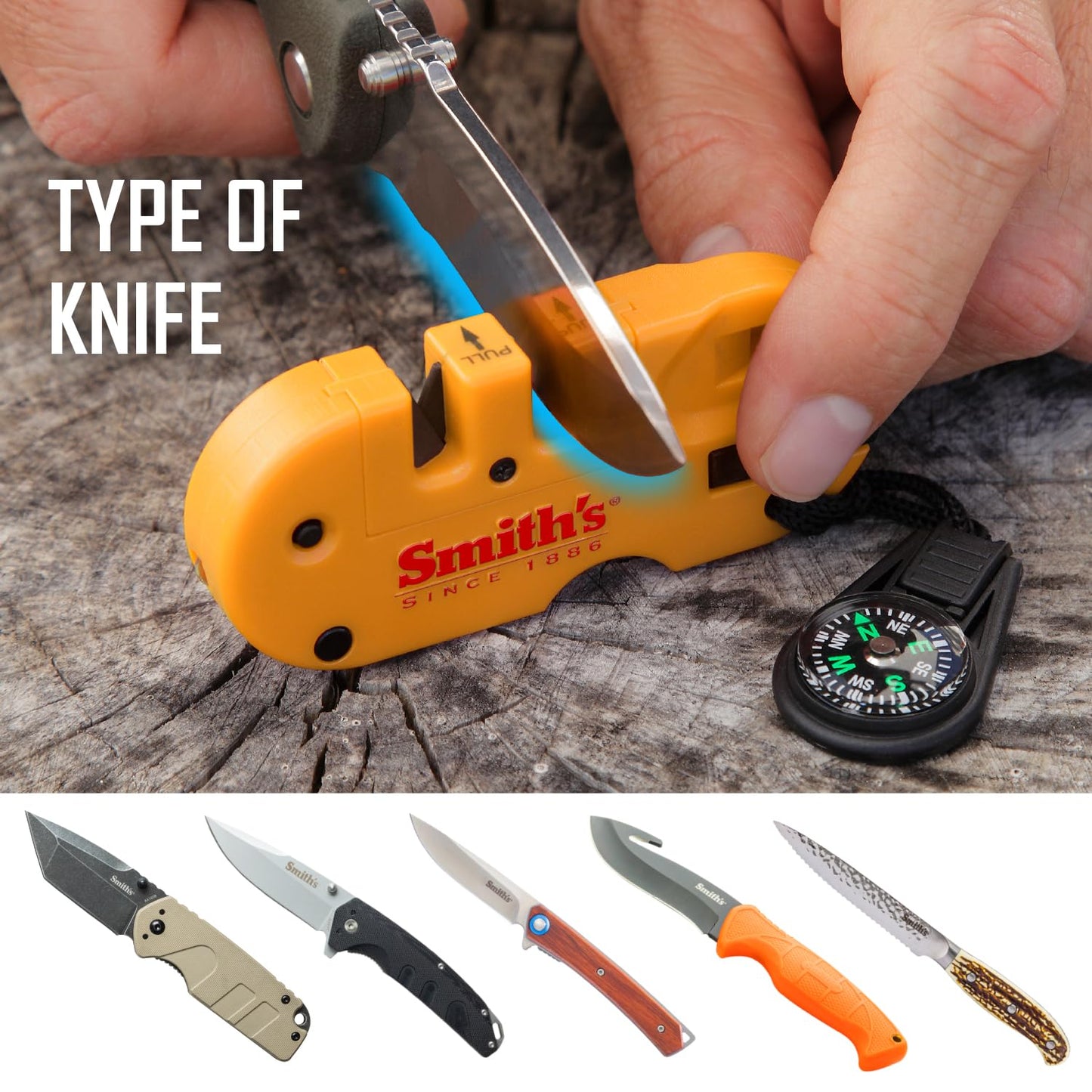 Smith’s 50364 Pocket Pal X2 Sharpener & Outdoors Tool – Yellow – Coarse and Fine – LED Light – Fire Starter – Signal Whistle - Compass