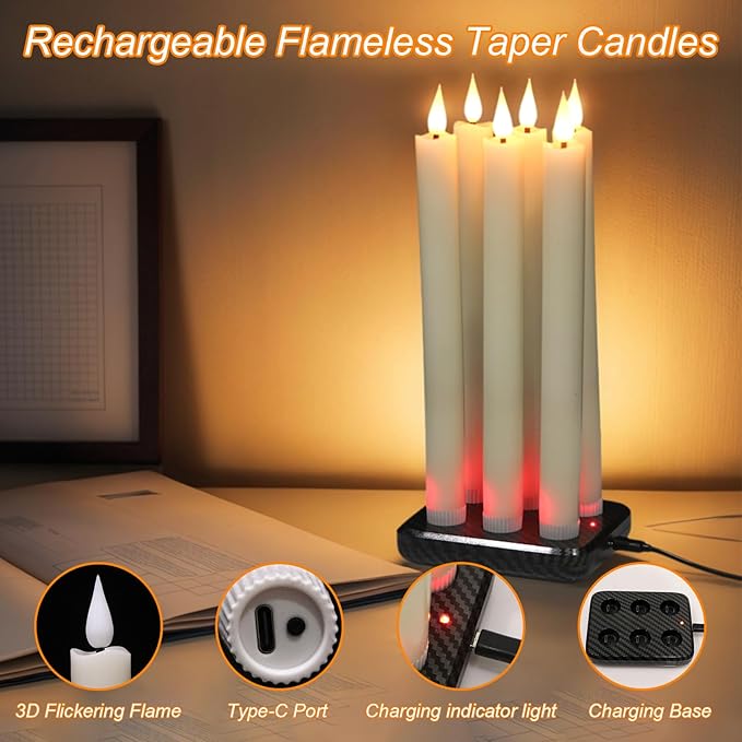 GenSwin Rechargeable Flameless Taper Candles with Charging Base, 6 Pack LED Candles Battery Operated with Remote Timer, Real Wax Flameless Candlesticks for Halloween Christmas Decorations(Ivory)