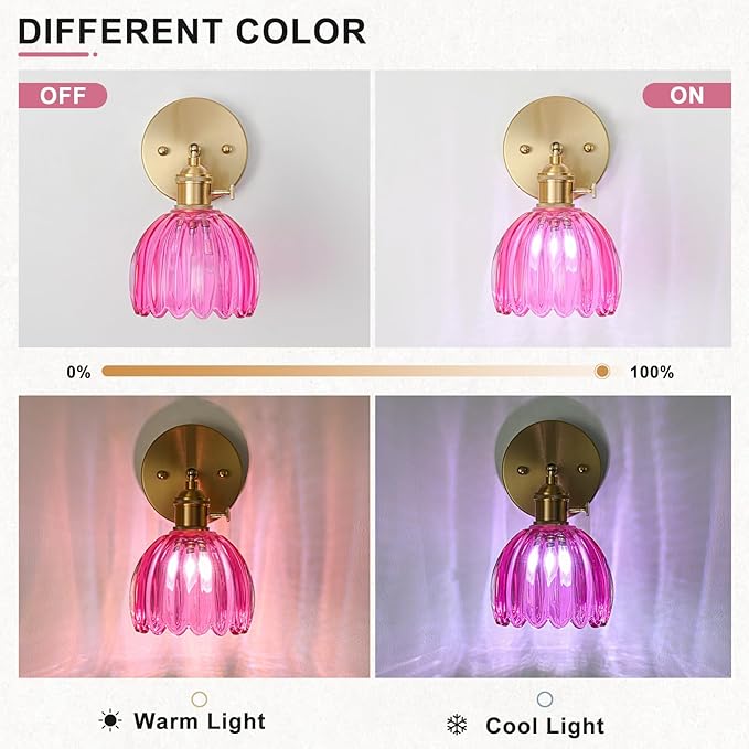 Hardwired Wall Sconce Light, Vintage Wall Sconce with Switch, Gold Wall Light Fixture with Tulip Ruby Red Glass Lampshade, Indoor Wall Light for Bedroom Bathroom, Bedside Wall Lamp