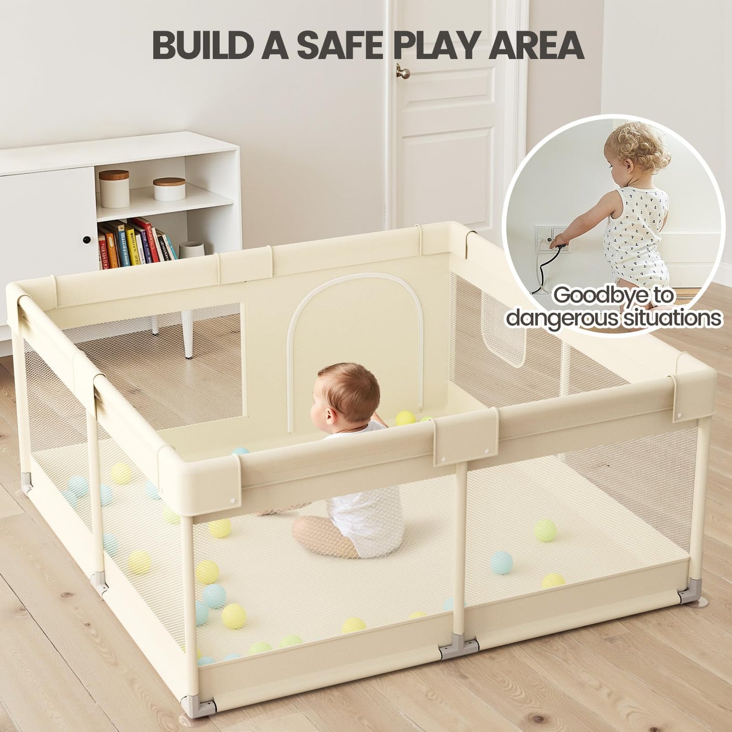 Uanlauo Beige Small Baby Playpen - 47x47in Playpen for Babies and Toddlers, Safe Indoor Play Pen, Baby Pen with Storage Bag and Breathable Mesh