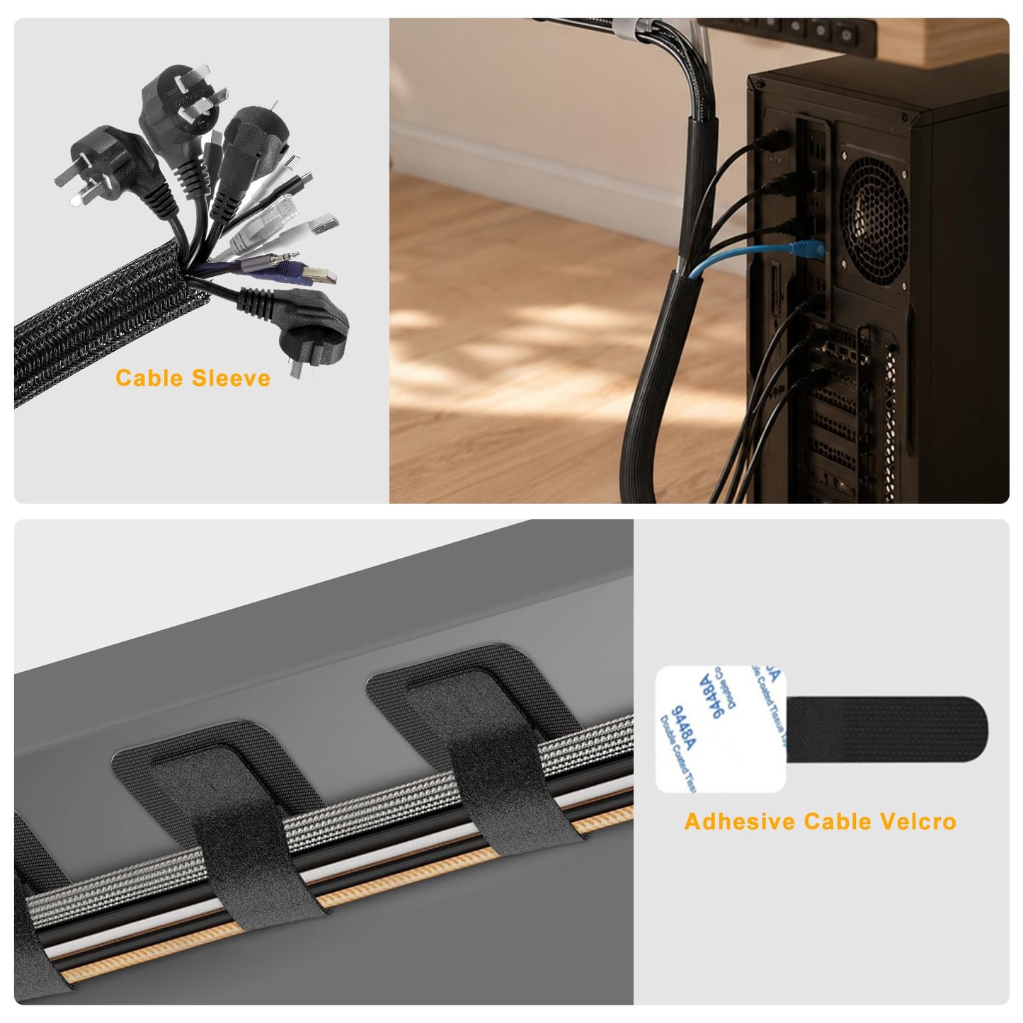 353 PCS Cable Management Kit - 1 Cable Management Box, 4 Cable Sleeve Split, 130 Adhesive Cable Clip, 17 Cable Holder, 1 Roll Cable Organizer Strap, 150 Cable Tie with 50 Mount, for Computer Desk TV