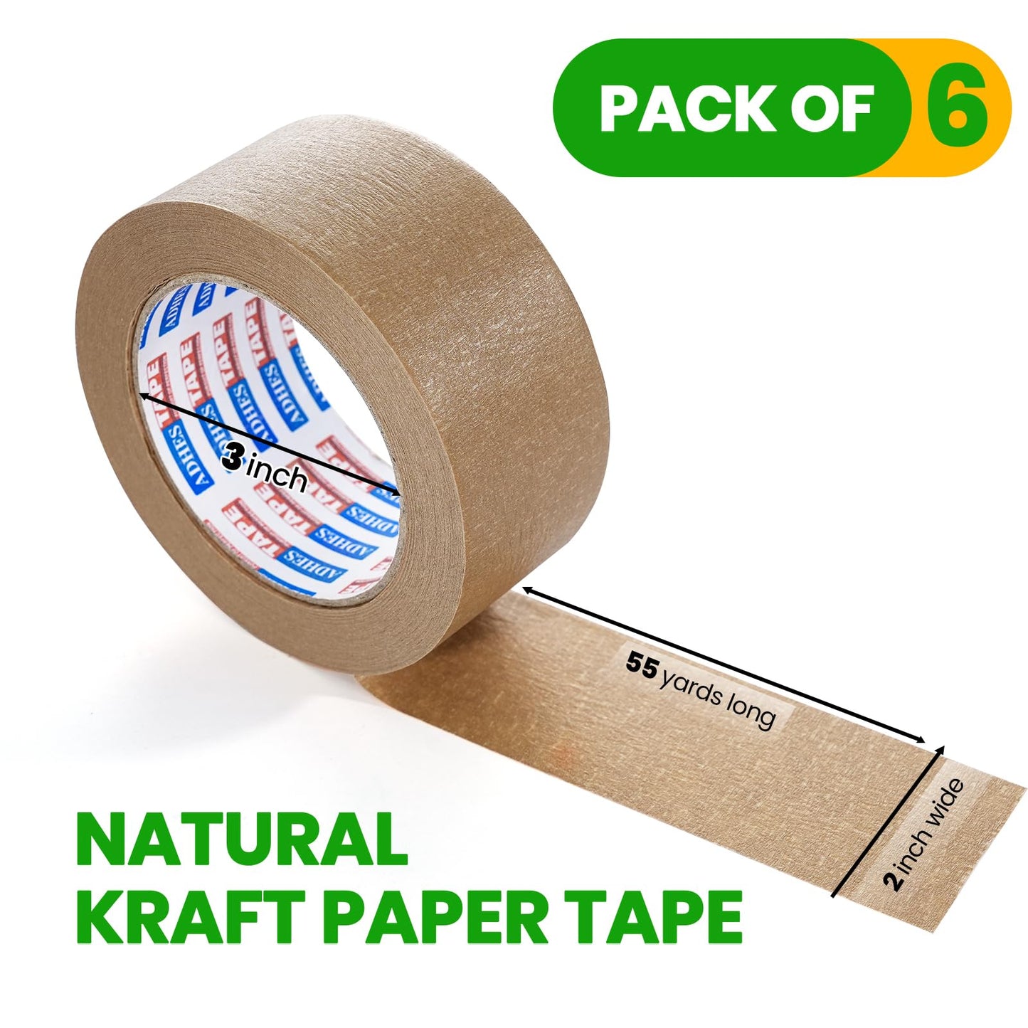 ADHES Biodegradable Kraft Paper Tape, 2 inch x 55 Yards, 6 Rolls Eco Friendly & Writable & Uncoated Paper Packing Tape Brown Packing Tape for Masking, Sealing, and Packaging Use