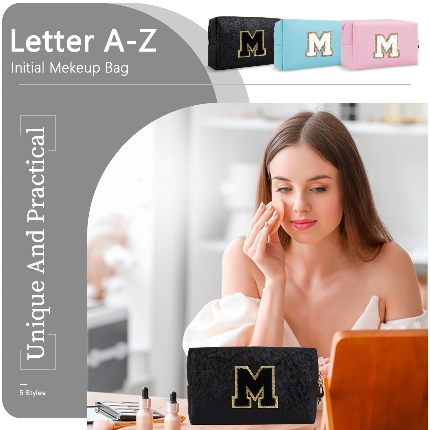 Personalized Initial A-Z Preppy Patch Makeup Bag,Small PU Chenille Letter Cosmetic Bag with Zipper for Teen Girls,Black Cute Toiletry Organizer Bag,Monogram Makeup Case Gift for Women Girls,Letter M