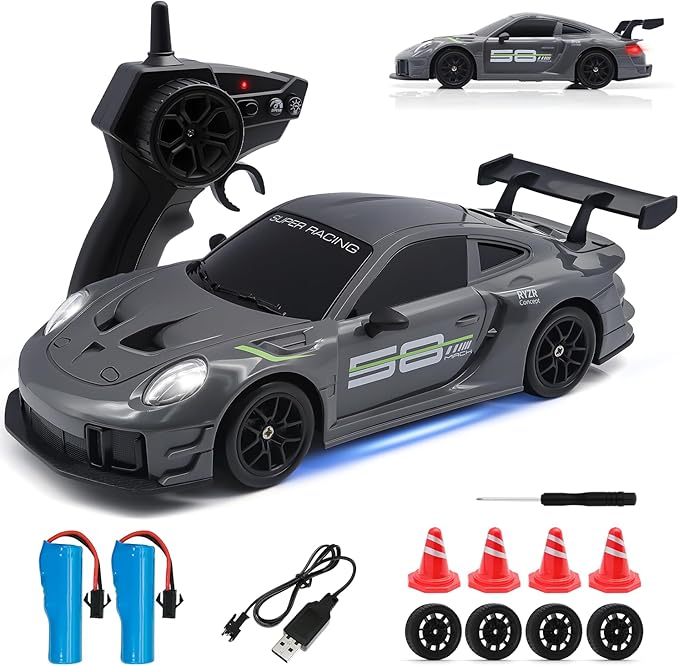 RC Drift Car 1:24 4WD Remote Control Cars Vehicle with LED Light2.4GHz 20KM/H High Speed RC Cars with Two Batteries &amp Drifting Tires Racing Sport Toy for Adults Boys Girls Kids