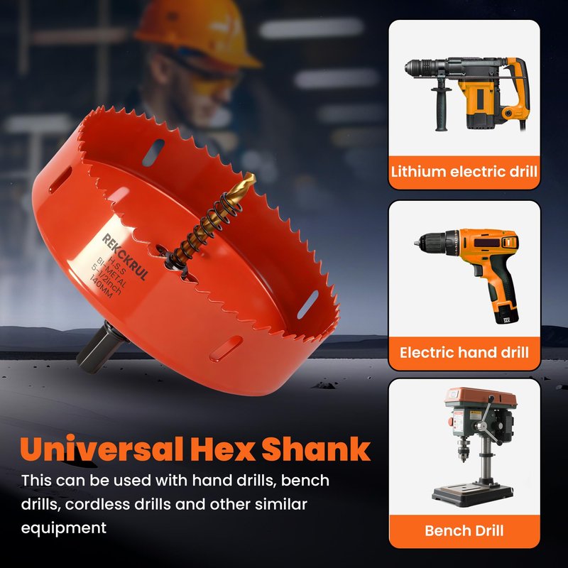 REKCKRUL (105mm | 4-1/8 Inch) HSS M42 with 8% Cobalt Bi-Metal Hole Saw – for Wood, Metal, Plastic, Drywall, PVC, Gypsum Board, Rubber – Includes Dust Bowl Catcher, Arbor, 2 Pilot Drill Bits & Hex Key