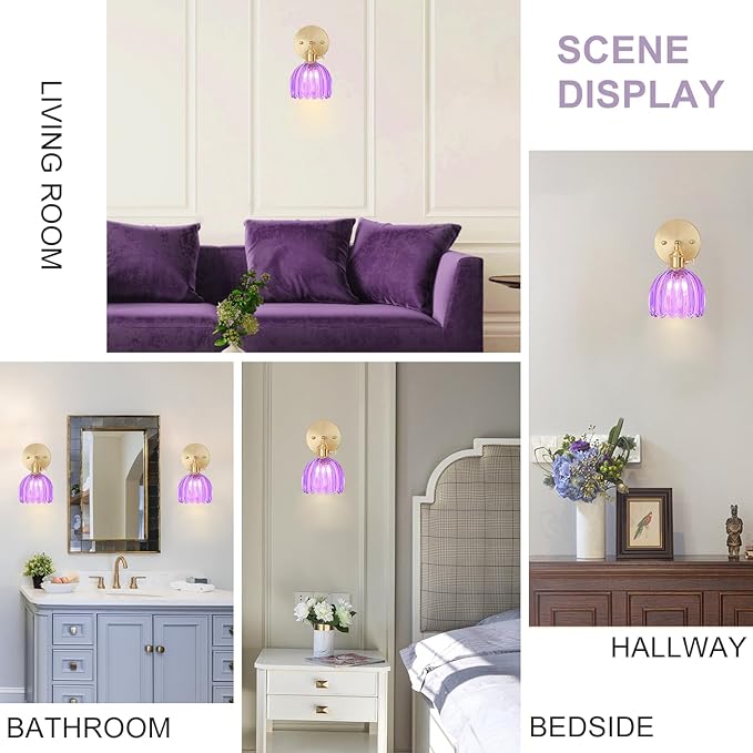 Hardwired Wall Sconce Light, Vintage Wall Sconce with Switch, Gold Wall Light Fixture with Tulip Purple Glass Lampshade, Indoor Wall Light for Bedroom Bathroom, Bedside Wall Lamp