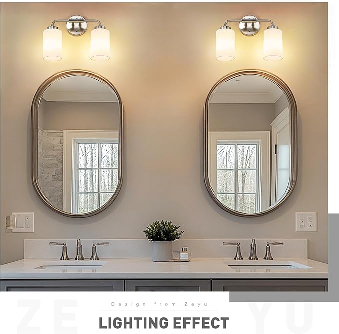 zeyu 2-Light Bathroom Light Fixtures Over Mirror, Modern Wall Sconces for Bathroom, Milky White Glass Shade, Brushed Nickel Finish, ZS62B-2W BN