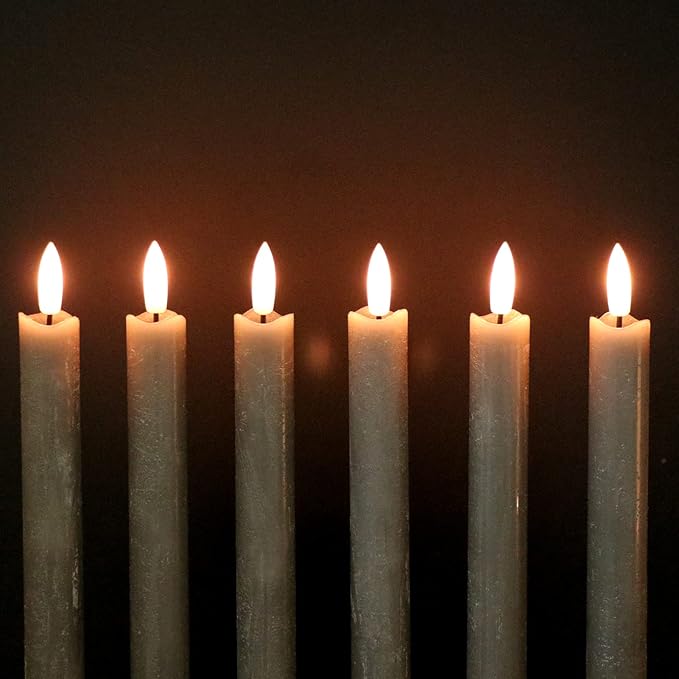 GenSwin Flameless Grey Taper Candles Flickering with 10-Key Remote, Battery Operated Led Warm 3D Wick Light Window Candles Real Wax Pack of 6, Christmas Home Wedding Decor(0.78 X 9.64 Inch)