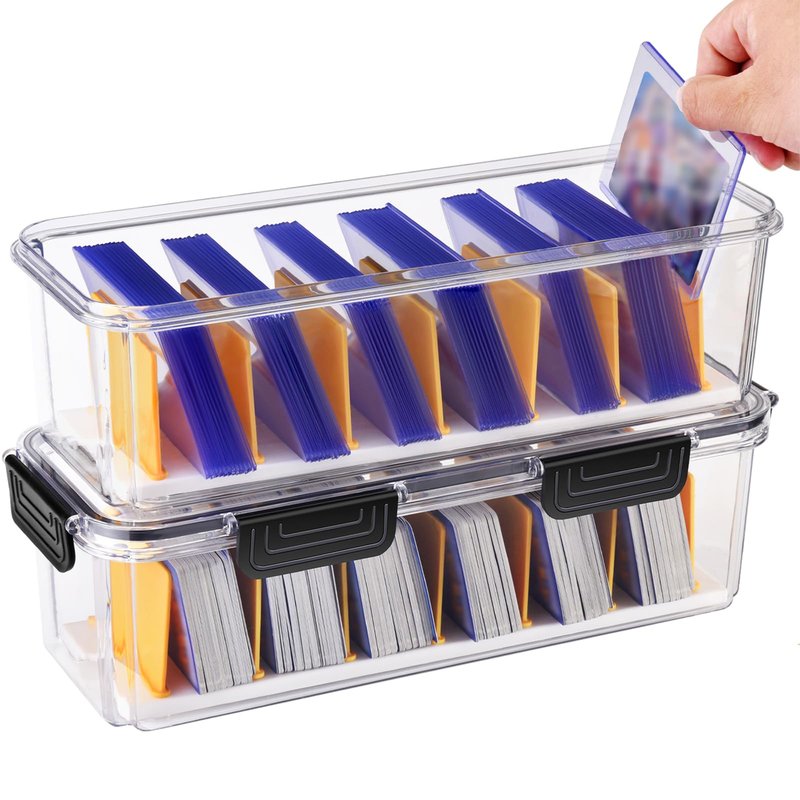 COAGOU 2 Pack Trading Card Storage Box with 14 Dividers, Holds 330 Toploaders or 1300 Cards, Sports Card Toploader Organizer, Plastic Card Holder for Baseball Cards