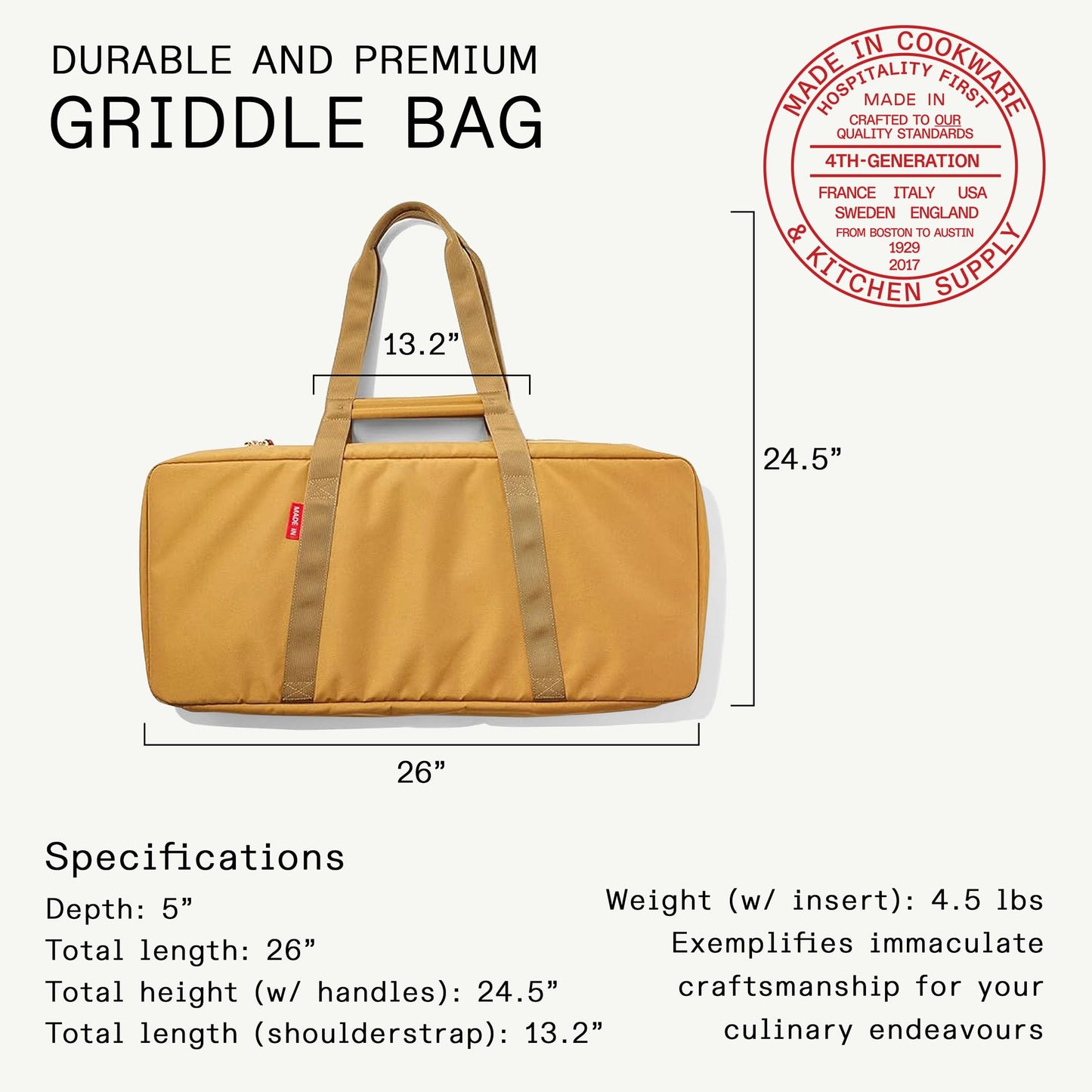 Made In Cookware - Griddle Utility Bag - Fits 2-Burner Carbon Steel Griddle - Removable Stain-Proof Interior - Luggage Grade Nylon - Camel Exterior and Olive Interior