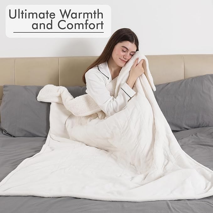 Heated Blanket Throw, Electric Throw Blanket with 5 Heating Levels & 4 Hours Auto Off, Soft Cozy Flannel Sherpa Electric Heated Blanket with ETL Certified for Office, 50"x60", White