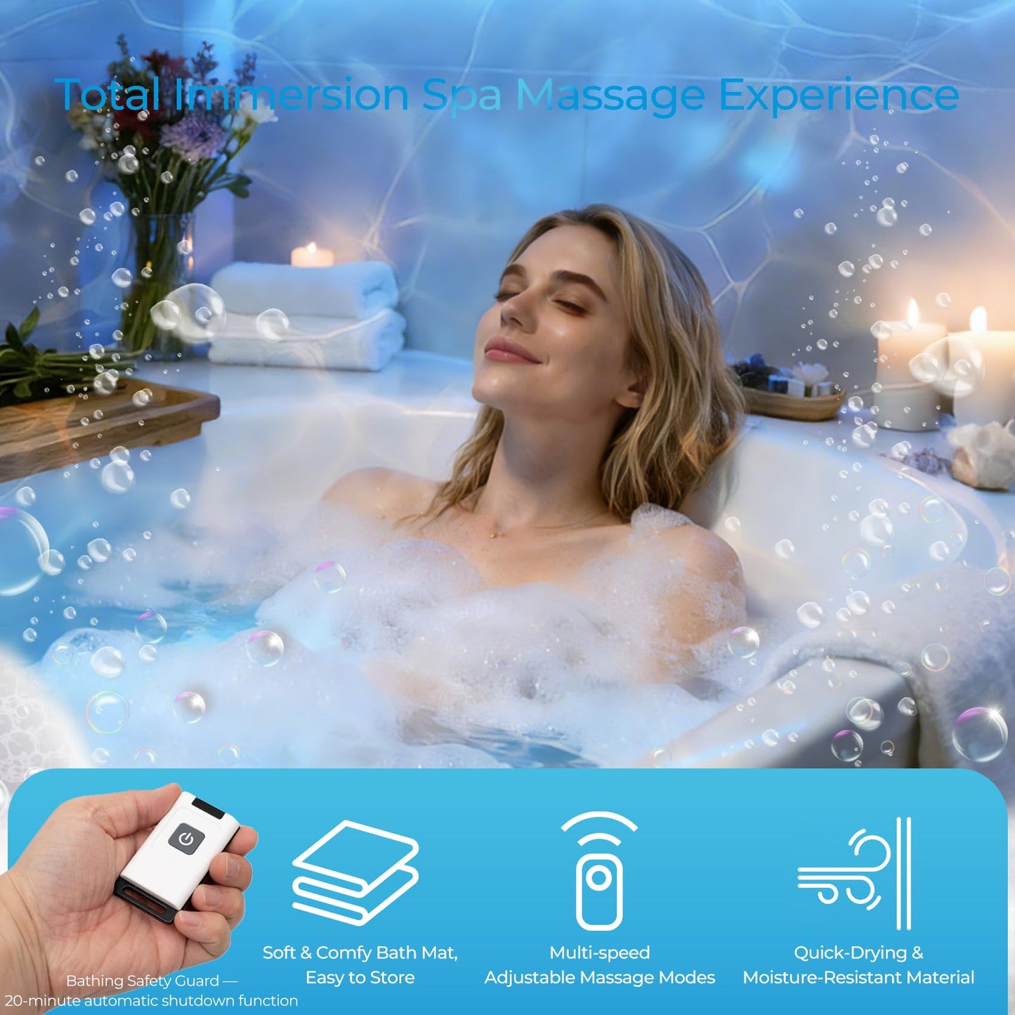Portable Spa Bubble Bath Mat, Bathtub Massager Mat with Waterproof and Non-Slip Functions, Multi-Intensity Remote, Electric Air Pump, Strong Suction Cups, Full-Body Bubble Spa Experience at Home.