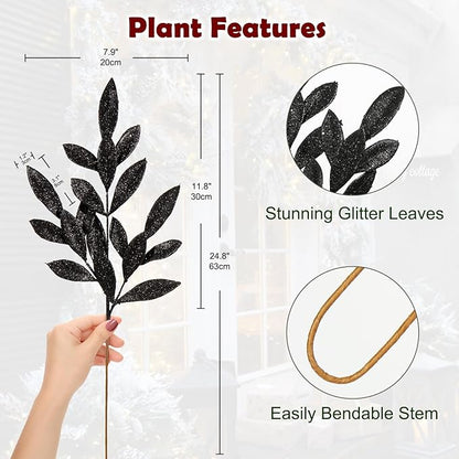DILATATA 6Pcs Christmas Glitter Leaves Bay Leaves Spray 24" Artificial Black Bay Leaf Picks Sprays Giltter Stems for Halloween Centerpiece Christmas Home Decor Home Decor - Black