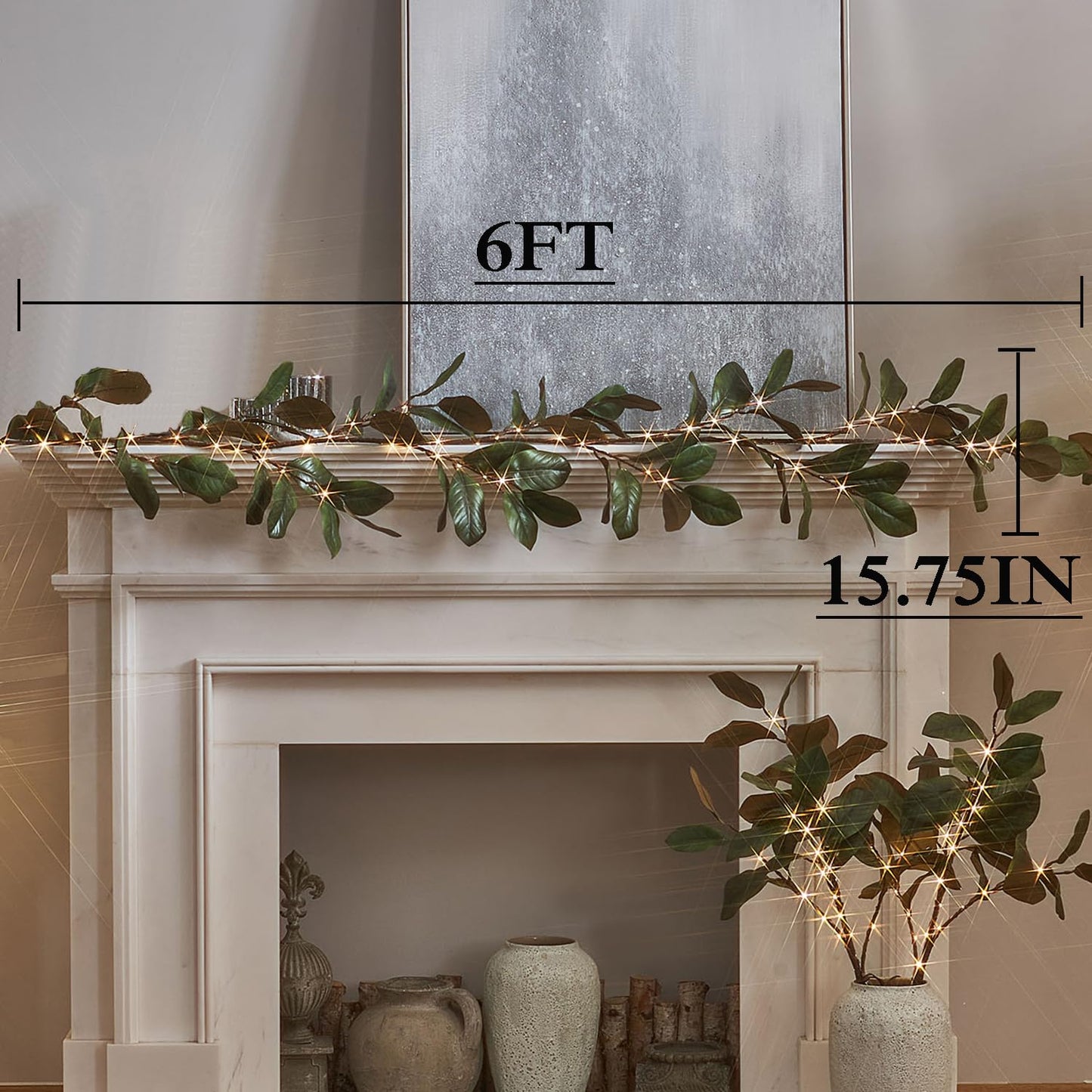 LITBLOOM Faux Magnolia Garland with Lights 6FT Battery Operated with Timer or USB Plug in, Lighted Greenery Garland with 80 Fairy Lights for Home Fireplace Mantle Holiday Decoration Inside