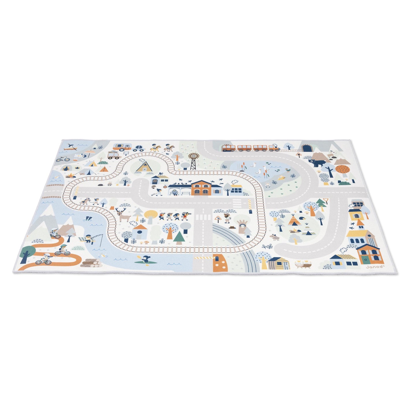 Janod - Children's Car Rug - Winter Mountain Theme - Soft & Non-Slip - Sports & Valley Pattern - Play Rug for Girls & Boys' Bedrooms - 120 x 78cm - Hand Washable - from 2 Years Old - J05940
