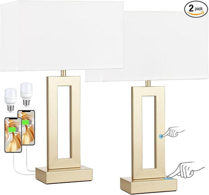 Nightstand Table Lamps for Bedrooms Set of 2 - Touch Bedside Lamp with USB C+A, 3 Way Dimmable Living Room Lamps for End Tables Set of 2(White&Gold)
