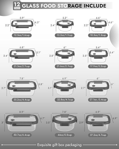 12-Pack Glass Containers with Tempered Lids – Borosilicate, Oven-Safe(-4°F~950°F), Airtight, BPA-Free, Multi-Size for Meal Prep, Dishwasher Safe, 1.6 cups to 6.4 cups (Gray)