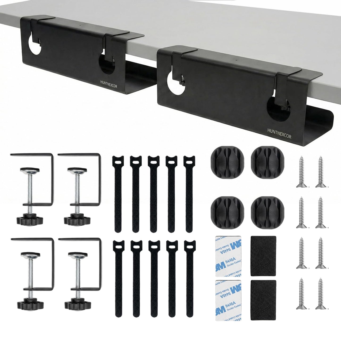 No Drill Under Desk Cable Management Tray with Clamp, Home/Office Desk Cord Organizer and Accessories Storage Shelf, 17'' Metal Cable Organizer for Standing/Gaming Desk, Office Supplies, Black 2 Set