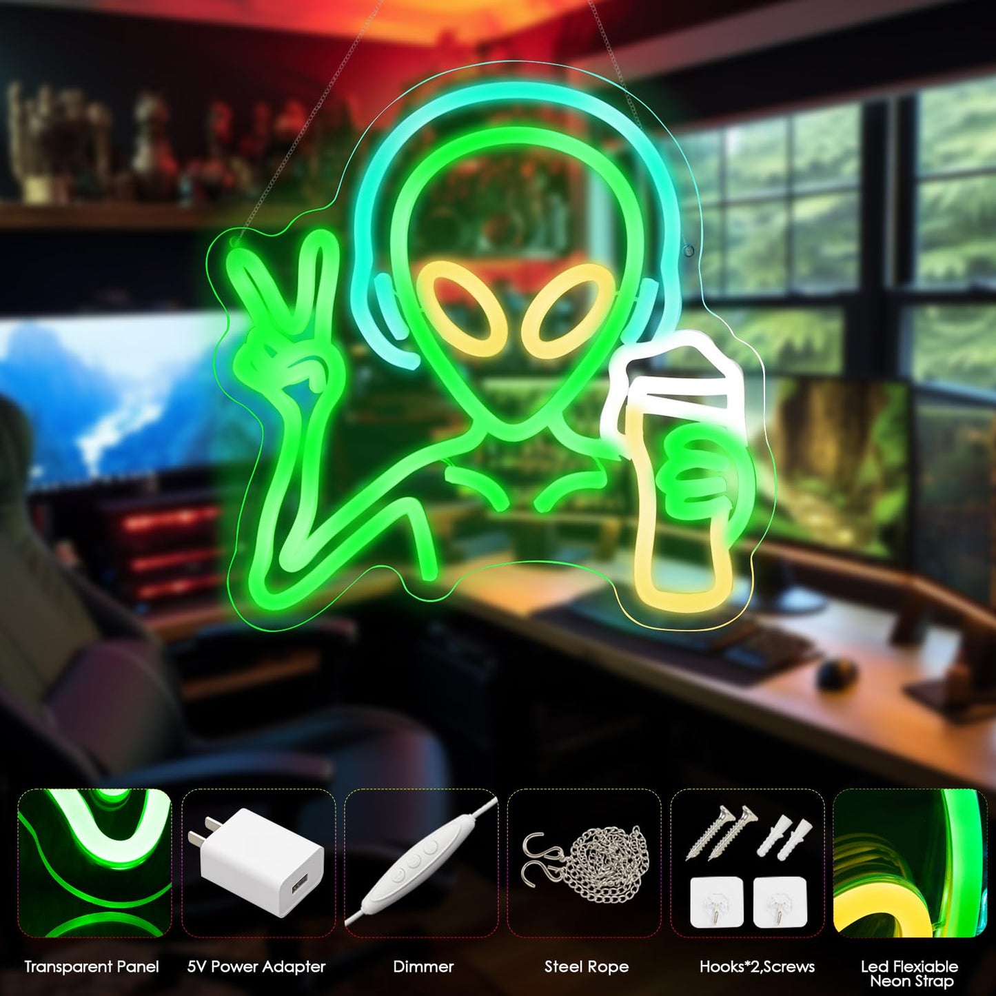 KHK Green Alien Neon Sign - USB Battery Powered LED Wall Sign for Game Room, Home Bar, Party, Bedroom & Man Cave Decor for Teens and Kids Lights Led Gaming for Boy & Girl Room Decor -Best Gamer Gifts for Boys Kids (11.8*11.8in)