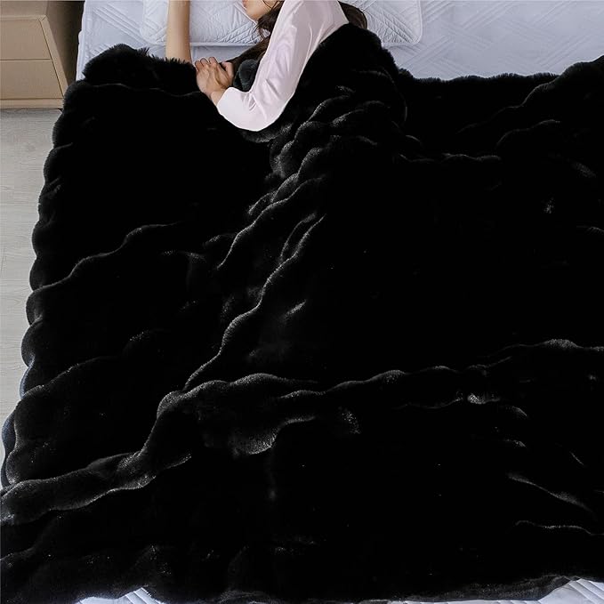 Faux Fur Black Thick Soft Throw Blanket 60X80 for Bed Couch Gift Office Chair Bunny Faux Rabbit Fur Blanket Decorative Warm Throw Blanket 860 GSM