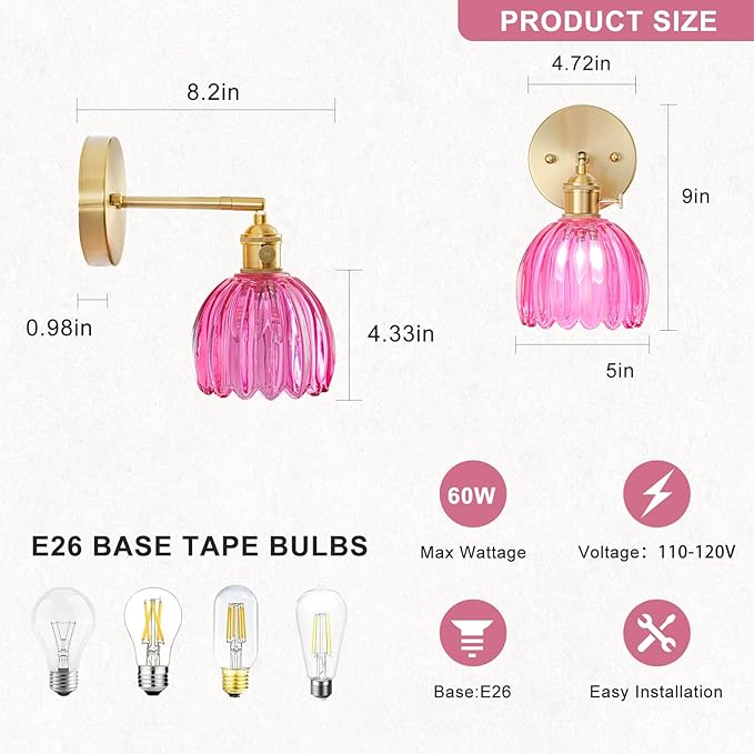 Hardwired Wall Sconce Light, Vintage Wall Sconce with Switch, Gold Wall Light Fixture with Tulip Ruby Red Glass Lampshade, Indoor Wall Light for Bedroom Bathroom, Bedside Wall Lamp
